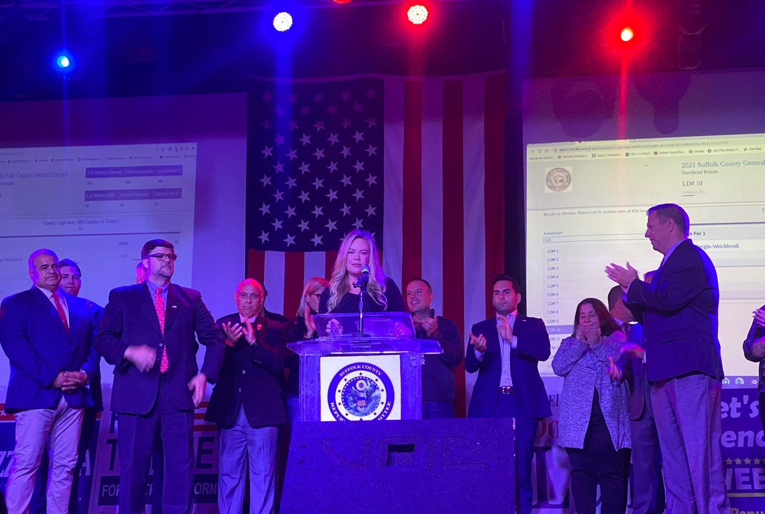 Trish Bergin speaks after her victory was announced for a seat on the Suffolk County Legislature.